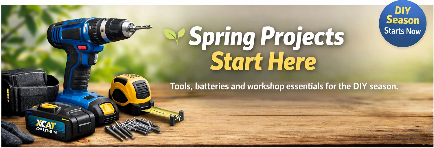 Spring DIY projects banner with cordless drill, battery and workshop tools on wooden bench promoting tools and accessories at Xcatalogue.