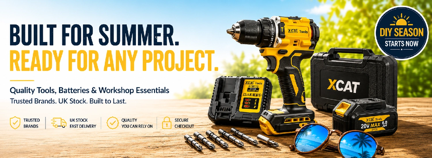 Summer DIY banner featuring Xcat cordless drill set, battery, charger and workshop tools on a wooden workbench promoting quality tools and workshop essentials at Xcatalogue.
