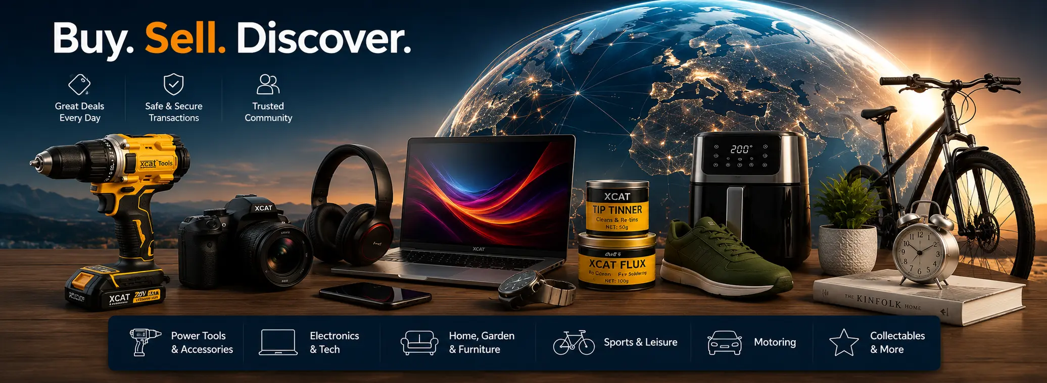 Xcat Marketplace hero banner showing power tools, electronics, home and garden products, cycling equipment and workshop consumables with a connected global marketplace background.