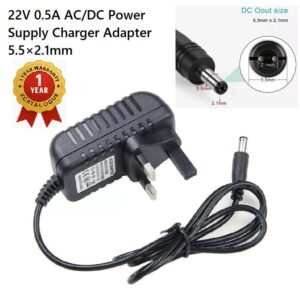 22V 0.5A AC/DC Power Supply Charger Switching Adapter with 5.5x2.1mm DC connector showing dimensions and Xcatalogue warranty badge.