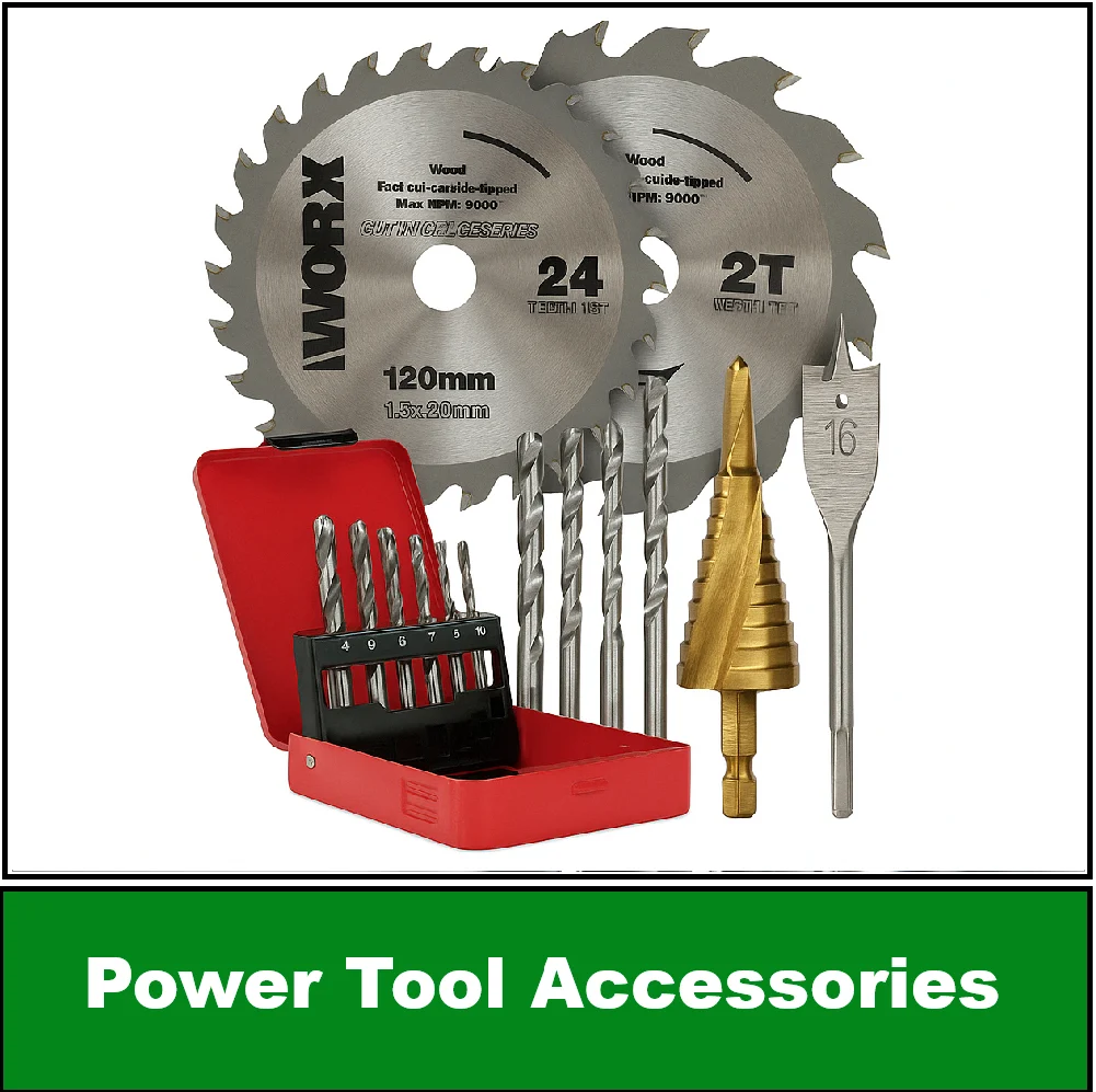 Category navigation tile: Power tool accessories UK – drill bits, blades & attachments for DeWalt, Makita, Black & Decker