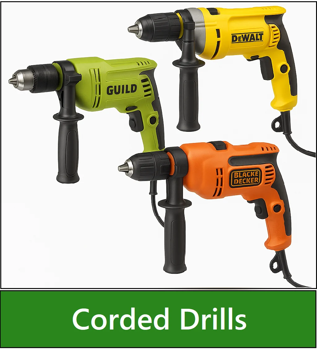 Category navigation tile: Collage of power tools used as a navigation tile — showing Guild, DeWalt, Black & Decker corded drills