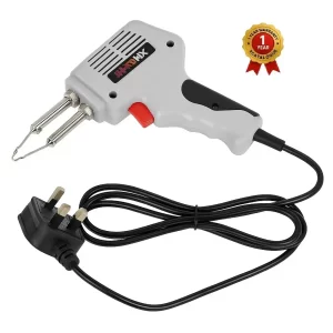 100W electric soldering gun with rapid-heat copper tip, white ABS shell, and UK plug shown on white background