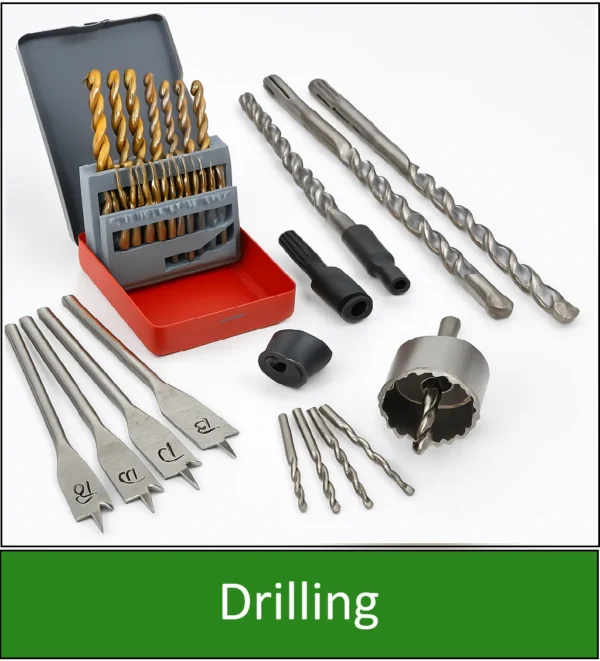 Category navigation tile: for Power Tool Drilling Accessories showing SDS, HSS, and masonry drill bits on white background