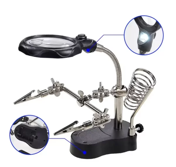 ESPLB Helping Hands Soldering Stand with 3.5X and 12X Magnifying Glass, LED Lights, and Alligator Clips