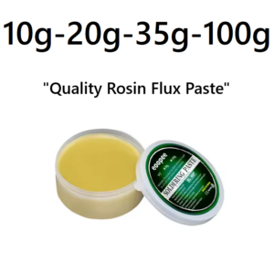 Plastic tin of lead-free soldering flux paste for electronics, shown with a smooth butter-like texture, ideal for PCB and chip repair.