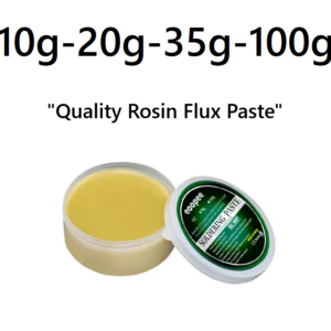 Plastic tin of lead-free soldering flux paste for electronics, shown with a smooth butter-like texture, ideal for PCB and chip repair.
