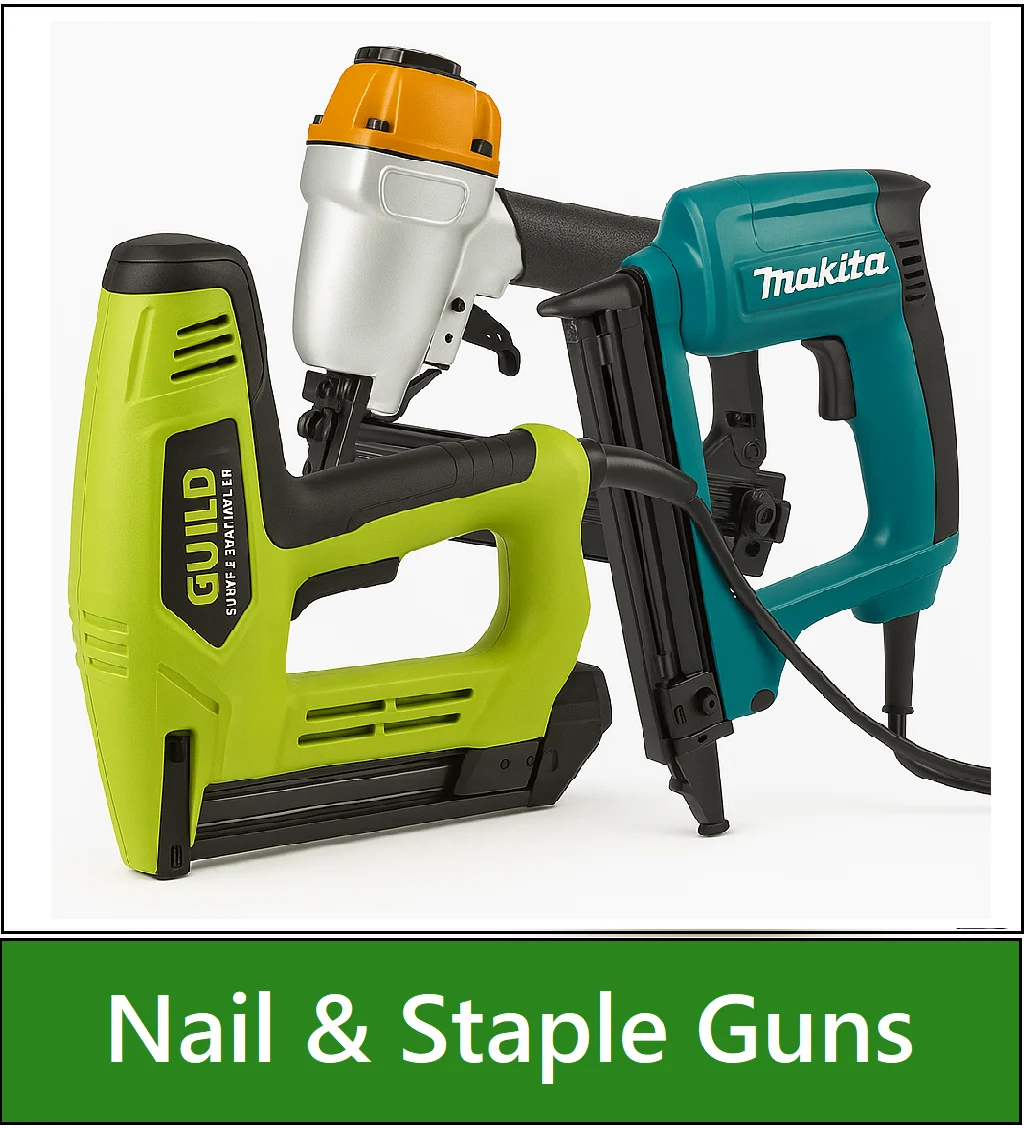 Category navigation tile: Collage of power tools used as a navigation tile — showing Guild, DeWalt, Black & Decker corded nail & staple guns