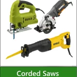 Category navigation tile: Collage of power tools used as a navigation tile — showing Guild, DeWalt, & Worx corded saws