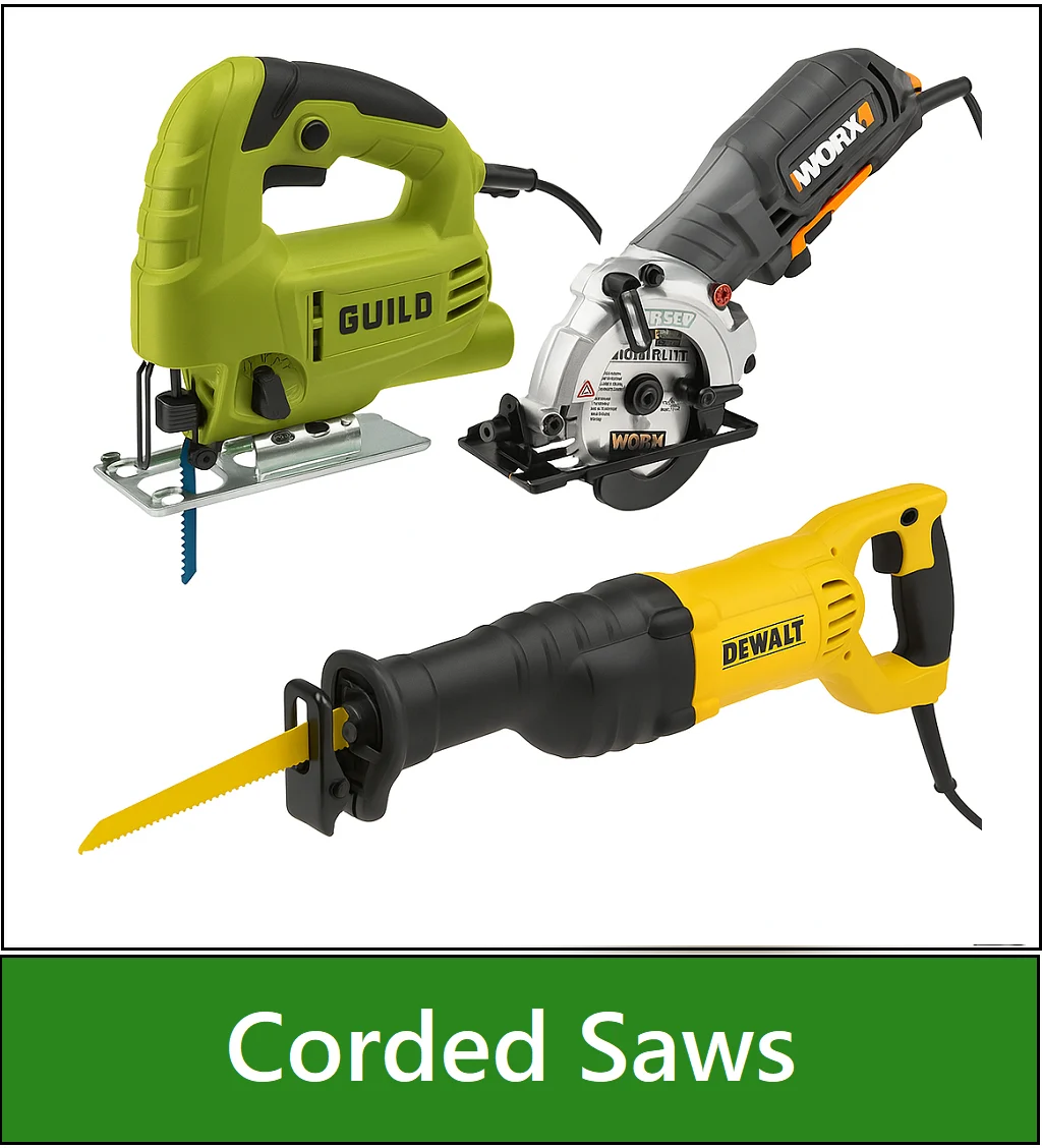 Category navigation tile: Collage of power tools used as a navigation tile — showing Guild, DeWalt, & Worx corded saws