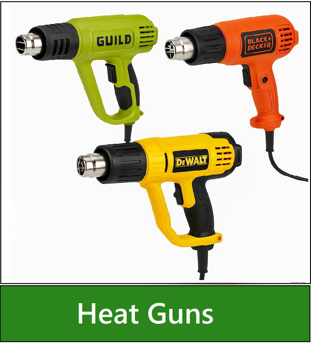 Category navigation tile: Collage of power tools used as a navigation tile — showing Guild, DeWalt, Black & Decker corded heat guns