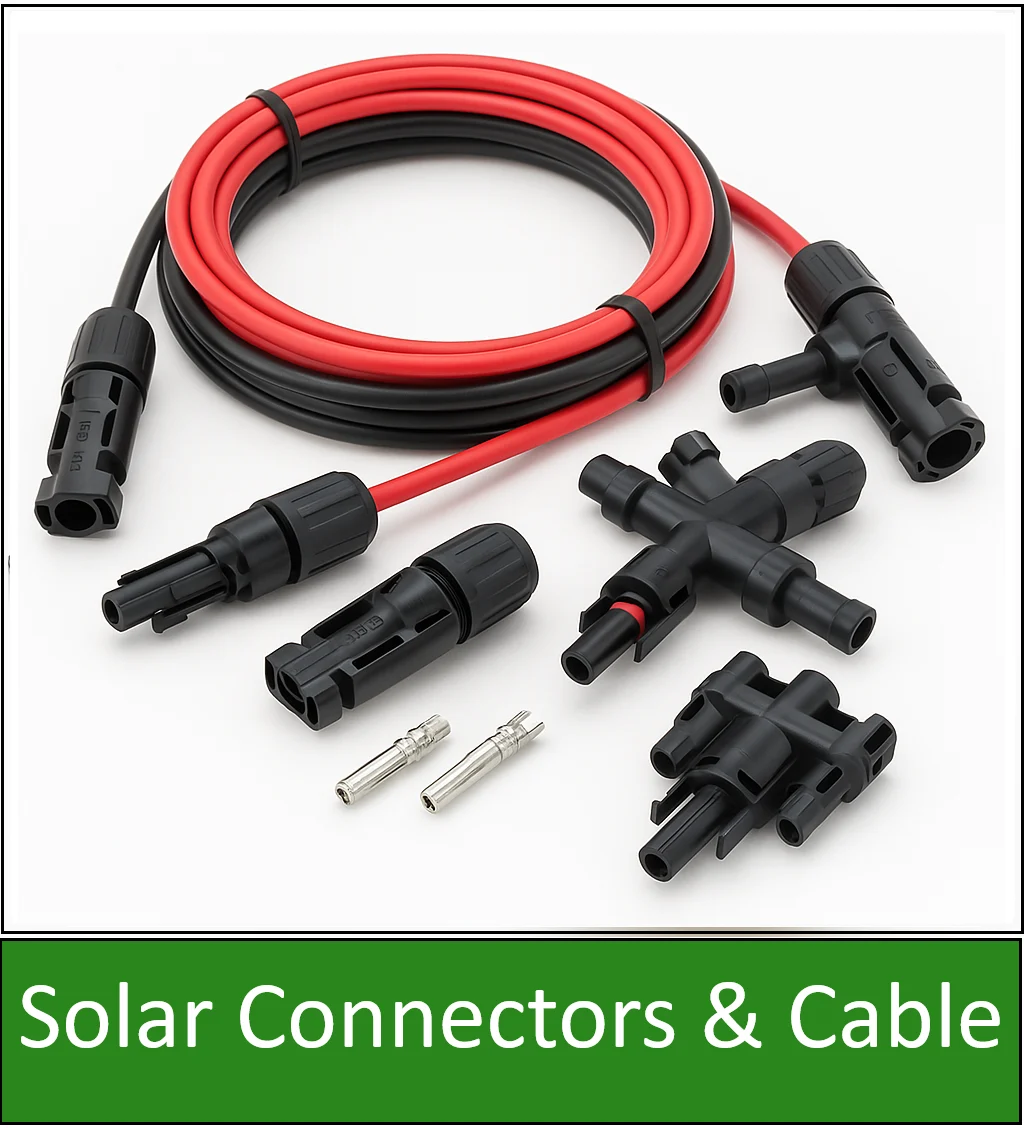 Category navigation tile: for Solar Power UK Accessories showing MC4 connectors, red and black extension cables, and solar wiring components on a white background
