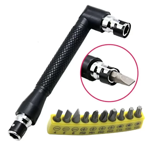 10-piece screwdriver bit set with L-shaped 90-degree hex adapter for tight-angle screwdriving