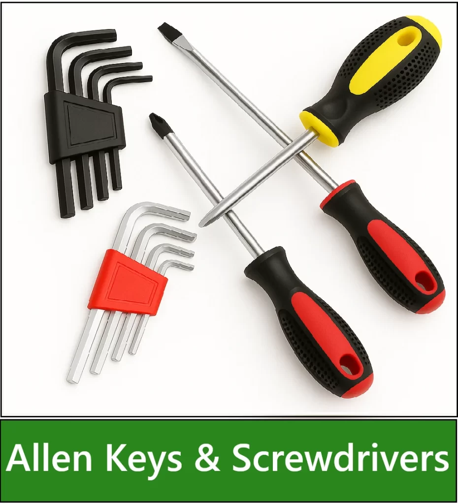 Category navigation tile: Collage of three screwdrivers and two hex key sets displayed on a white background,