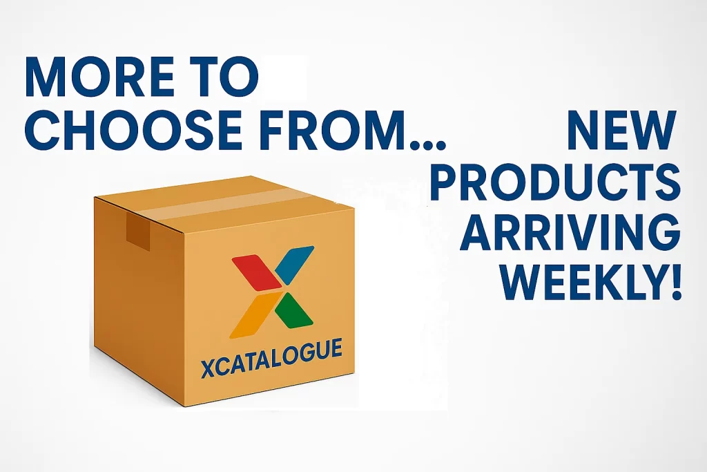 Promotional banner showing a cardboard box with the Xcatalogue logo and the message “More to choose from… New products arriving weekly!” on a white and grey gradient background.