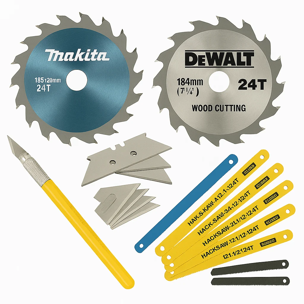 Collage of cutting and blades tools including circular saw blades, Stanley knife blades, hacksaw blades, and a craft knife on a white background – Xcatalogue