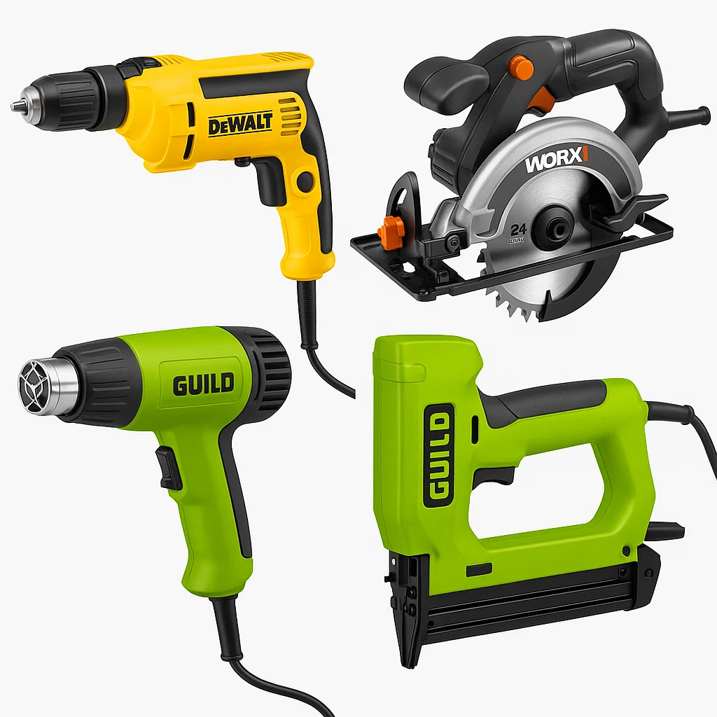 Featured image for the corded power tool category showing a Dewalt drill, a Worx saw, a Guild heat gun and a Guild nail and staple gun.