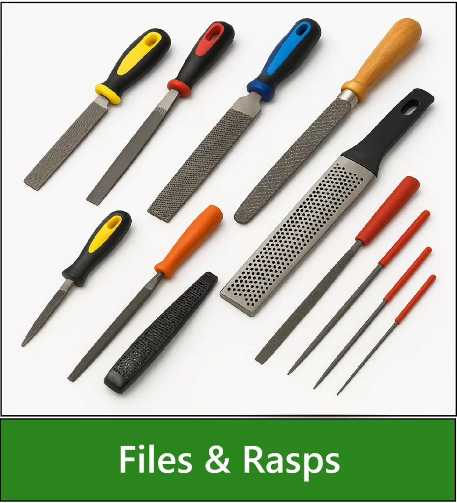 Category navigation tile: Collage of files and rasps displayed on a white background,
