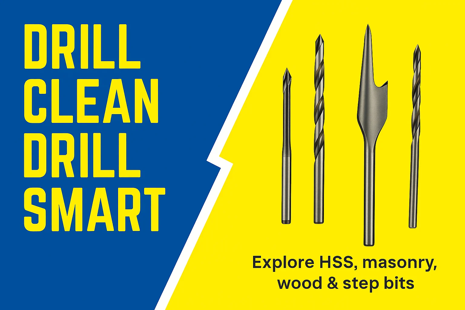 Banner showing HSS drill bits with text Drill Clean, Drill Smart on a blue and yellow background