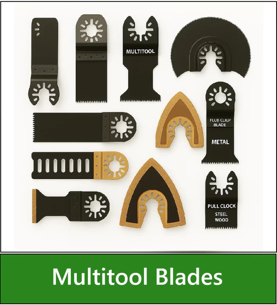 Category navigation tile: Collage of ten multitool blades displayed on a white background, showcasing a variety of shapes and sizes for cutting wood, metal, and sanding. Includes semi-circular, plunge-cut, and detail sanding attachments.