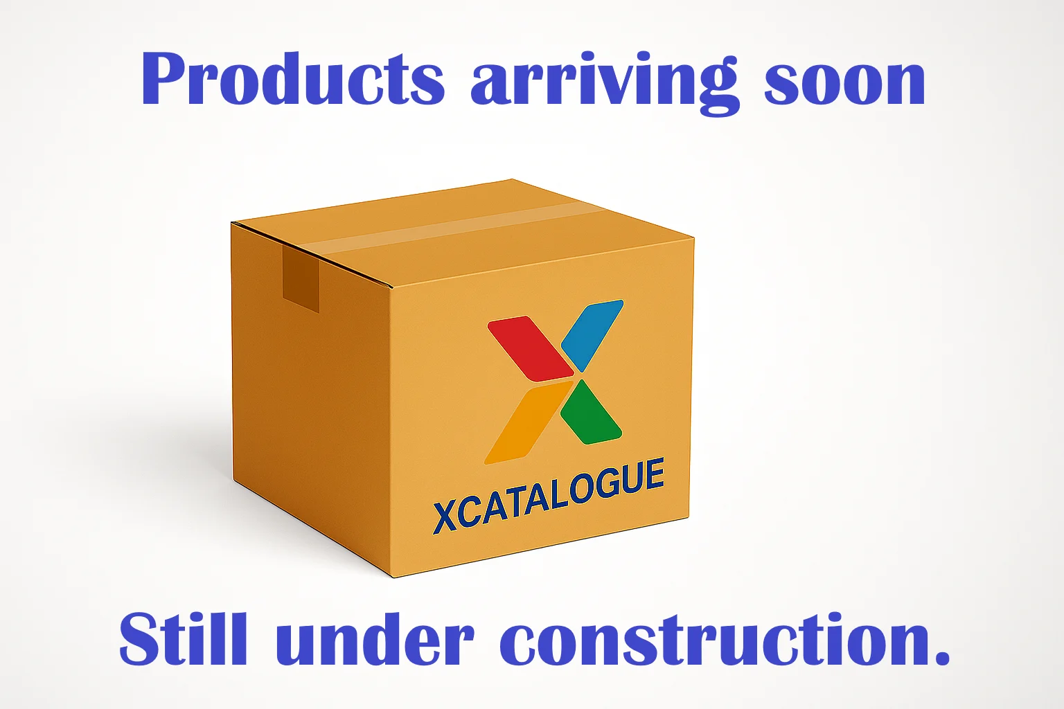 Promotional banner showing a cardboard box with the Xcatalogue logo and the message “Products arriving soon… Still under construction” on a white and grey gradient background.