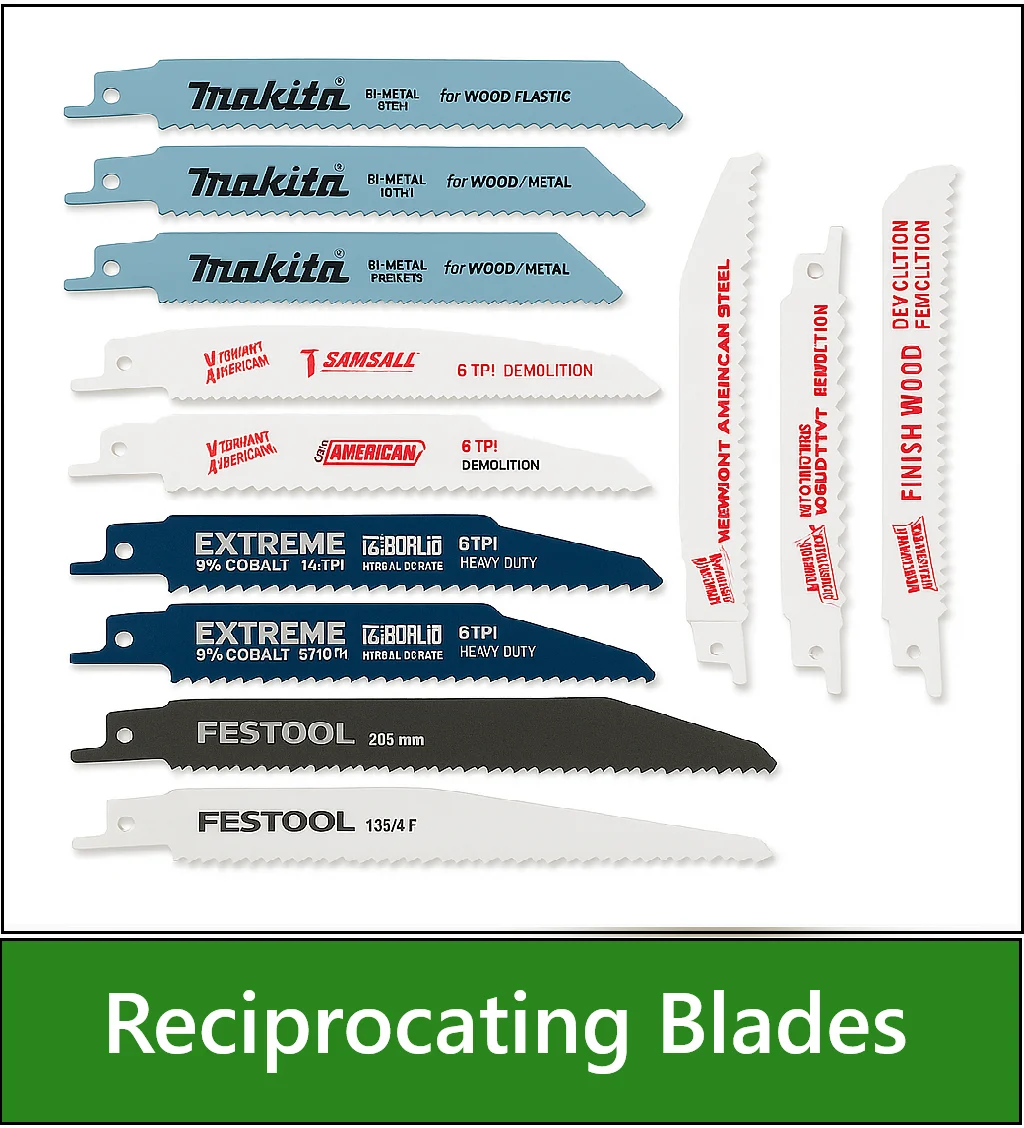 Category navigation tile: Collage of ten reciprocating saw blades from brands like Makita, Vermont American, Bordo, and Festool, displayed on a white background.