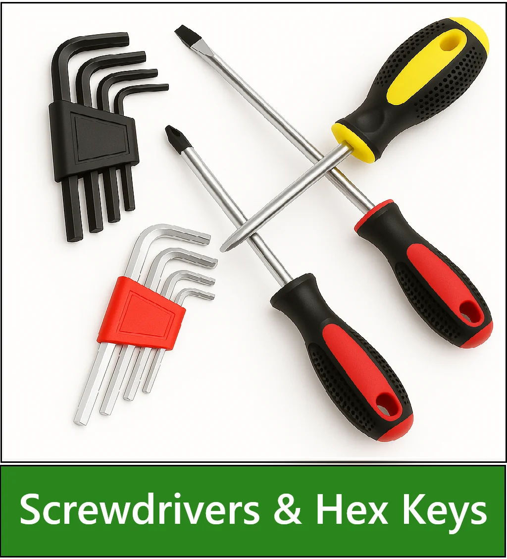Category navigation tile: Collage of three screwdrivers and two hex key sets displayed on a white background,