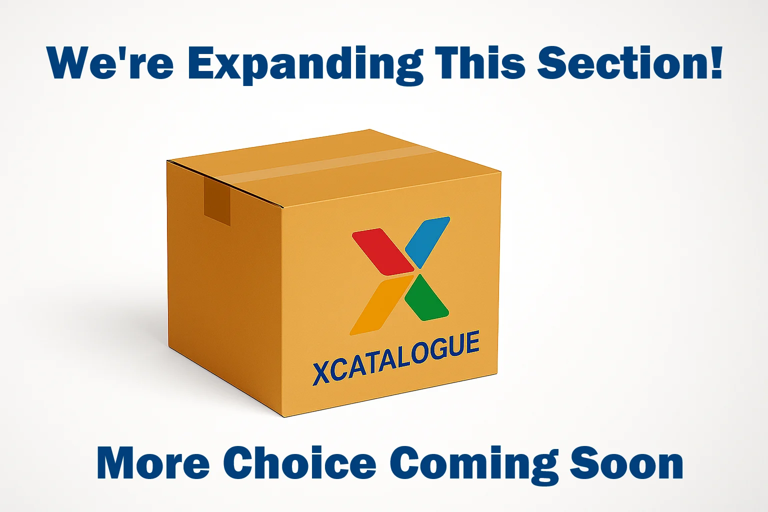 Promotional banner showing a cardboard box with the Xcatalogue logo and the message “We are expanding this section… New products arriving weekly!” on a white and grey gradient background.
