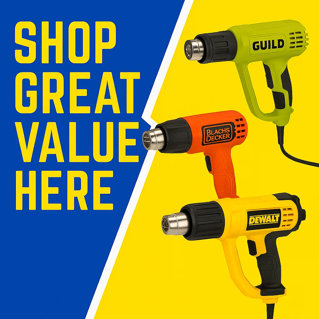 Promotional banner featuring Guild, DeWalt, and Black & Decker heat guns on yellow background with bold blue text saying Shop Great Value Here