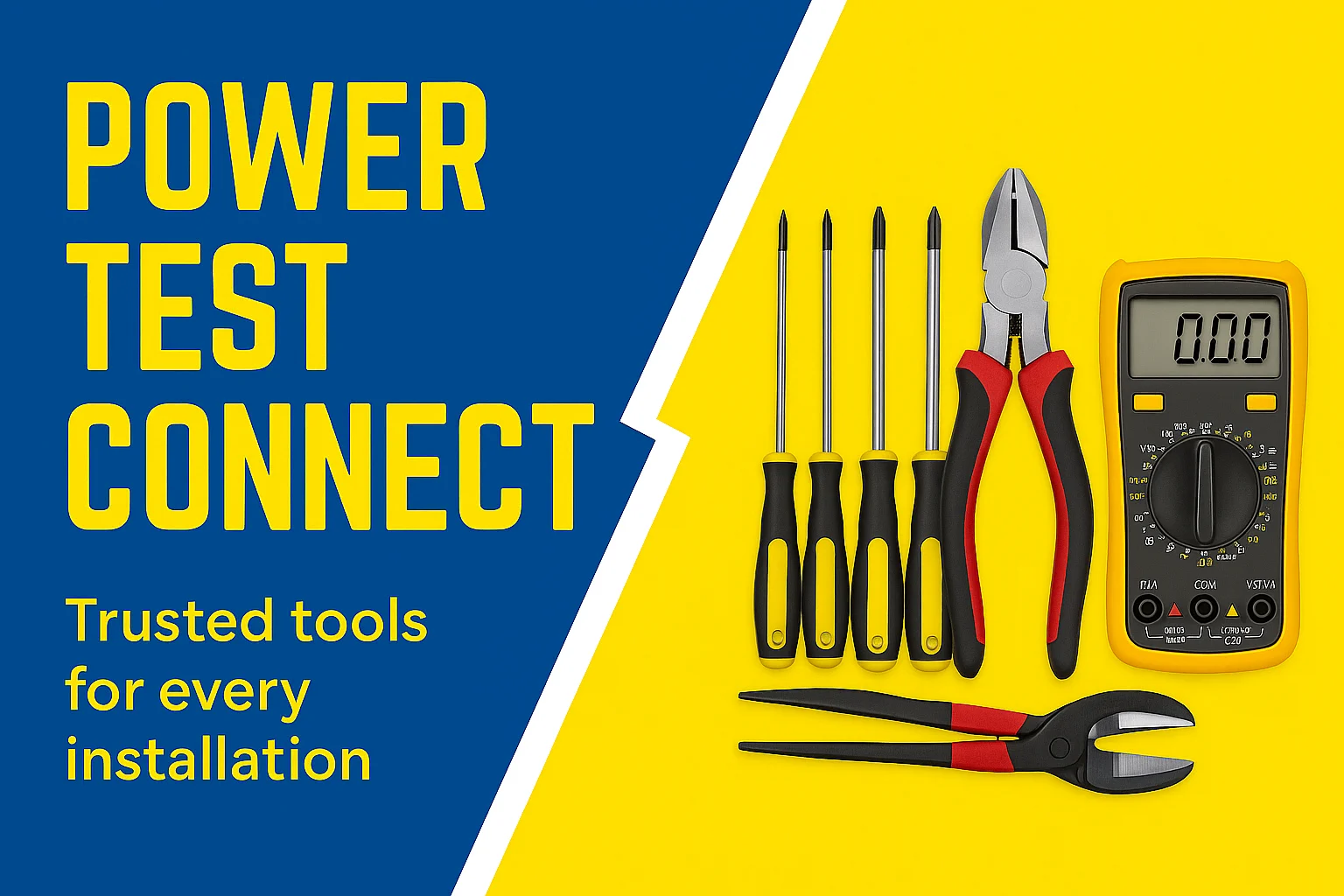 Banner showing electrician tools including screwdrivers, pliers, and a digital multimeter on a blue and yellow background with text Power- Test - Connect