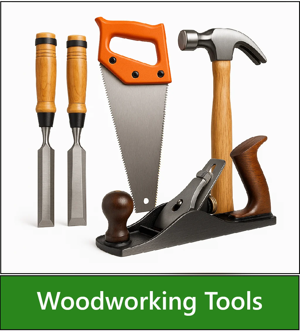 Category navigation tile: Collage of woodworking tools displayed on a white background,