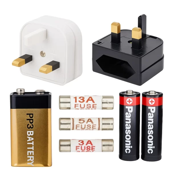 Electrical supplies - Collage of a white UK three-pin plug, black EU to UK plug adaptor, 13A, 5A, and 3A mains fuses, plus AA, AAA, and PP3 batteries on a white background.