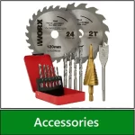 Category navigation tile: Power tool accessories – drill bits, drill bit sets, circular saw & cutting blades | UK stock