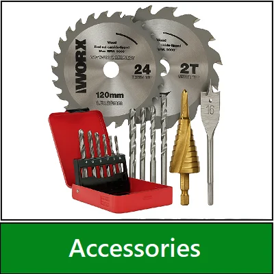Category navigation tile: Power tool accessories – drill bits, drill bit sets, circular saw & cutting blades | UK stock