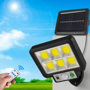 108COB LED solar wall light with motion sensor and remote control, split design with separate solar panel, mounted outdoors under bright blue sky
