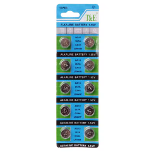 Strip of 10 AG13 button batteries – 1.5V LR44 alkaline cells for small electronic devices