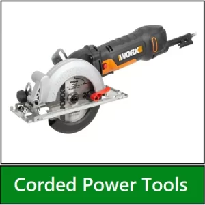 Category navigation tile: Corded Power Tools, drills, saws & more | UK stock