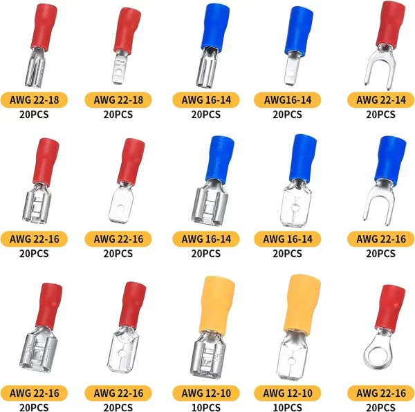 280PCS insulated crimp wire connectors set with red, blue, yellow spade, ring, and fork terminals – quick connect, no soldering required showing all types and colours