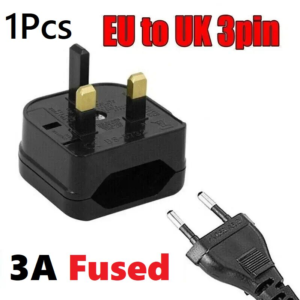 Black European to UK plug adapter with 2-pin to 3-pin socket conversion, fused at 3A for safe travel use