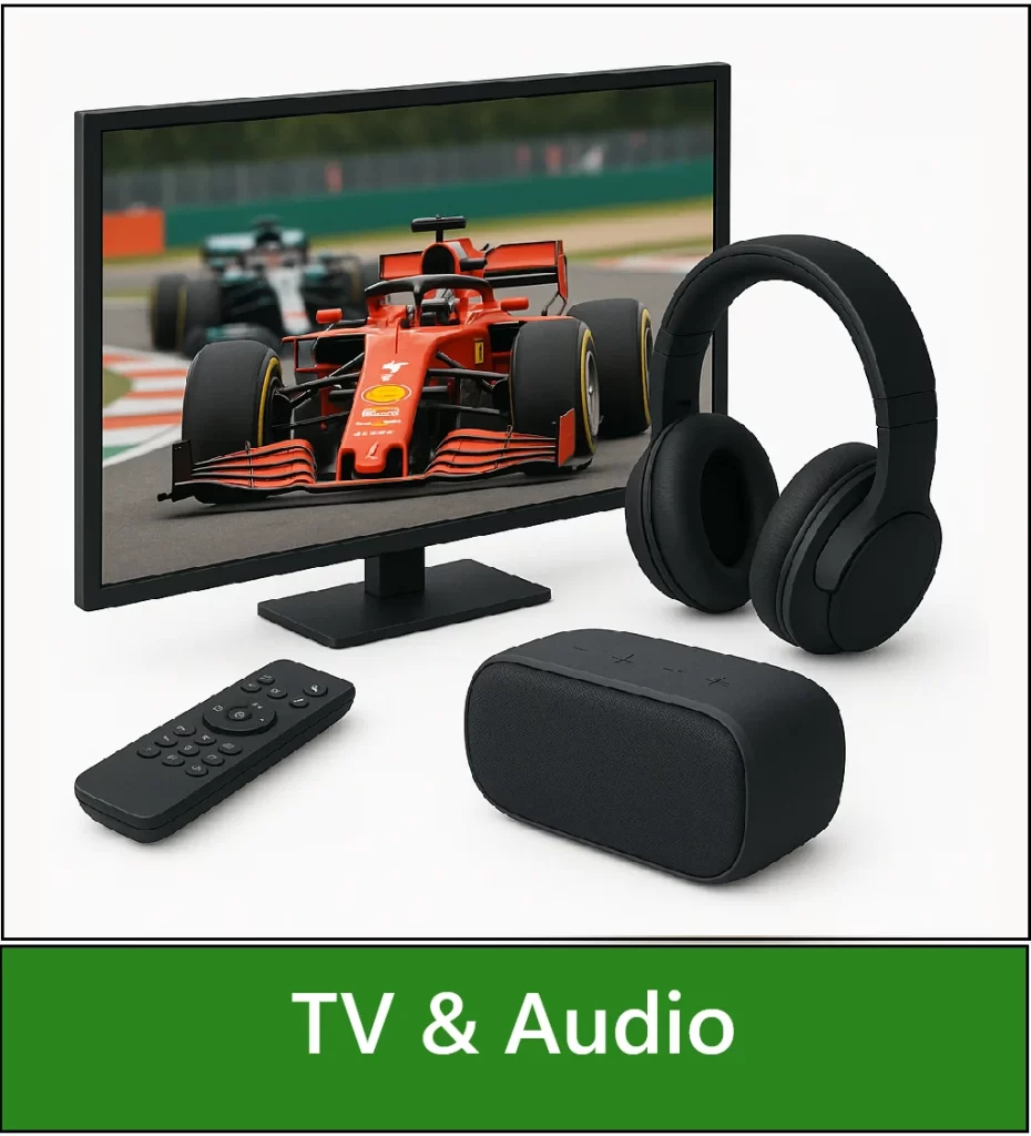 Category navigation tile: for TV and Audio showing a smart TV, headphones and a DAB radio on a white background,