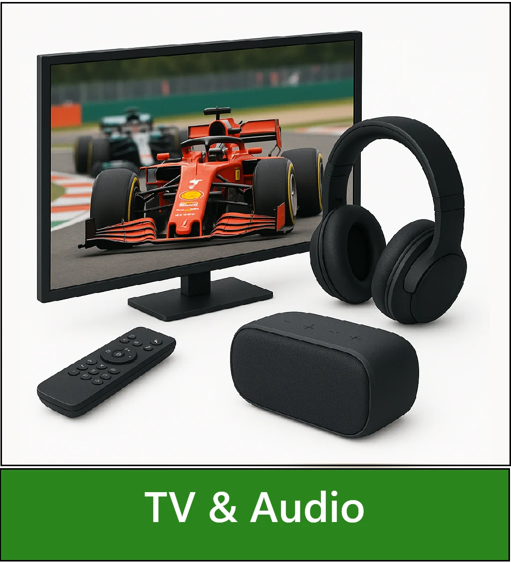 Category navigation tile: for TV and Audio showing a smart TV, headphones and a DAB radio on a white background,