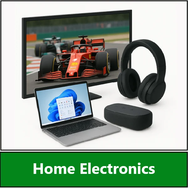 Category navigation tile: Home electronics UK – audio gear, laptops, chargers & tech essentials for everyday use