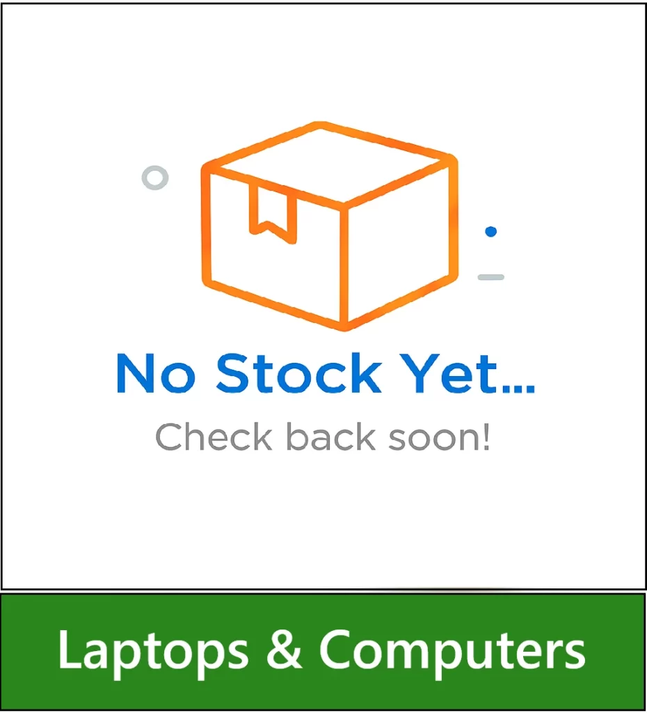 Category navigation tile: for Laptops and Computers showing an empty box and text "no stock yet- check back soon" displayed on a white background,