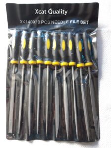 10-piece precision needle file set in flexible plastic sheath – ideal for metal, jewellery, and fine detail work in plastic black wallet