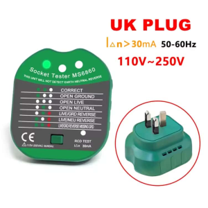 Green socket tester with three LED indicators for voltage, leakage, and phase testing (90–250V, 45–65Hz)