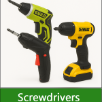 Category navigation tile: for the battery screwdriver section - Three cordless electric screwdrivers including a green Guild, a black and red compact model, and a yellow DeWalt, displayed side by side on a white background.