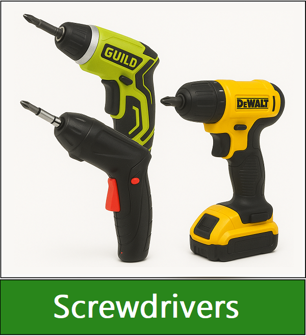 Category navigation tile: for the battery screwdriver section - Three cordless electric screwdrivers including a green Guild, a black and red compact model, and a yellow DeWalt, displayed side by side on a white background.