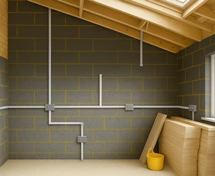 First fix electrical wiring in a UK home showing metal back boxes and surface-mounted conduit on block walls with visible socket placements.