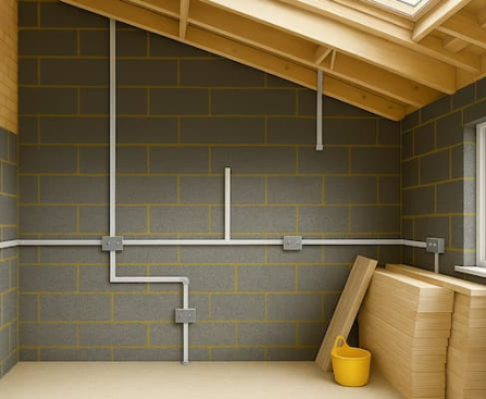 First fix electrical wiring in a UK home showing metal back boxes and surface-mounted conduit on block walls with visible socket placements.