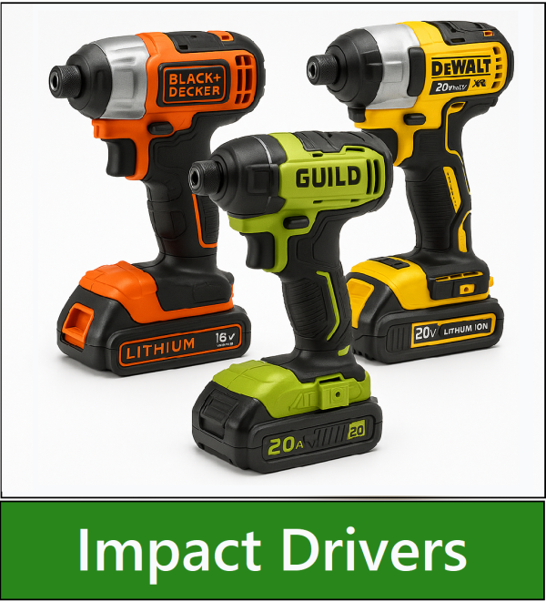 Category navigation tile: Cordless Impact Driver Brands – Black & Decker, Guild, DeWalt for DIY & trade use